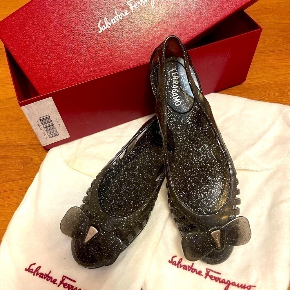 SALVATORE FERRAGAMO black glitter PVC sandals